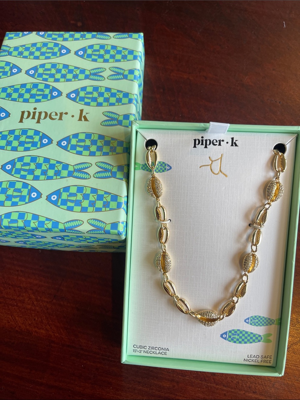 piper·k Gold Cubic Zirconia Sea Shell Necklace 15” + 3” extender NWT